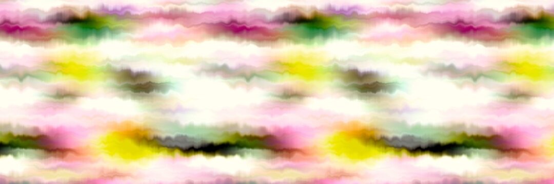 Funky summer ombre tie dye batik stripe border pattern. Seamless stain space dyed striped effect fashion trim edging. Washed out boho beach wear ribbon endless tape.