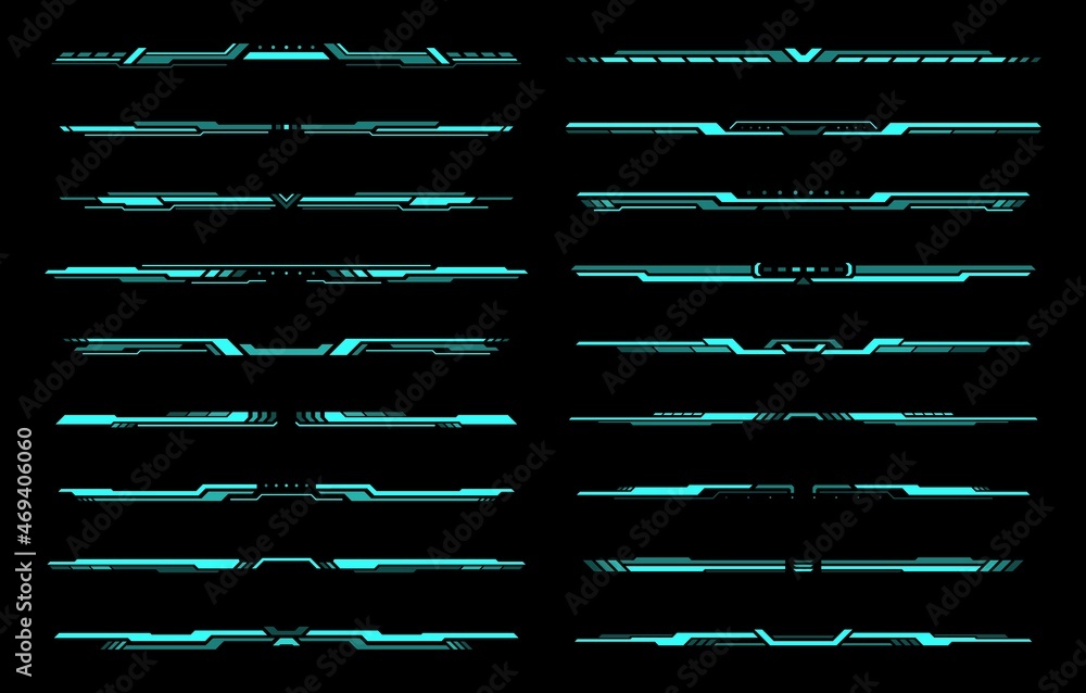 Leinwandbilder HUD futuristic header and footer interface vector elements of Sci Fi and tech game. Future technology head up display hologram screen frame border lines, blue neon text bars and dividers, ui design