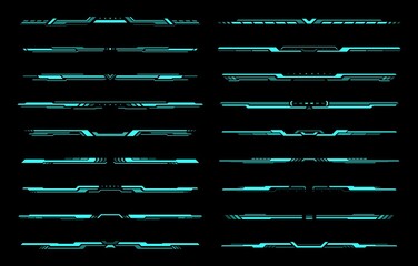 HUD futuristic header and footer interface vector elements of Sci Fi and tech game. Future technology head up display hologram screen frame border lines, blue neon text bars and dividers, ui design