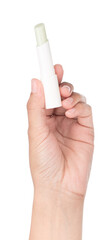 Hand holding Glossy lip balm stick isolated on a white background.