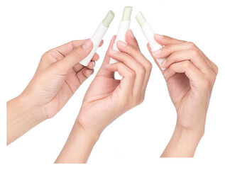 Set of Hand holding Glossy lip balm stick isolated on a white background.