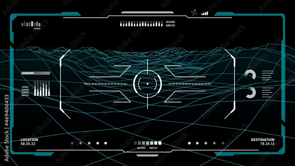 Leinwandbilder HUD futuristic monitor screen interface, target aim control ui or gui of Sci Fi game. Digital dashboard panel of vr head up display with aim control frame, vector graphics, crosshair and hologram map