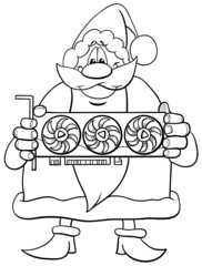 cartoon Santa Claus with graphics card coloring book page