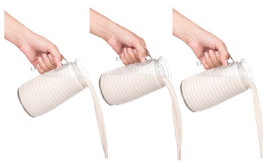 Set of Hands holding jug with milk and pouring ​isolated on a white background.
