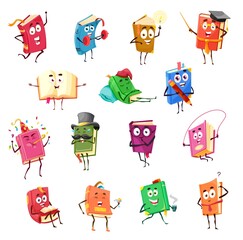 Kids textbooks, bestsellers and fairytale books happy characters. Cute vector books in colorful covers, wearing vintage cylinder and academic hat, exercising with barbell, jump with rope and sleeping