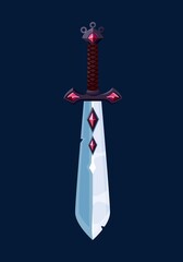 Magical cartoon wizard sword blade, game ui or gui vector object. Fantasy weapon of medieval magician knight, magic warrior knife or dagger with leather plaited handle and blade with ruby gemstones
