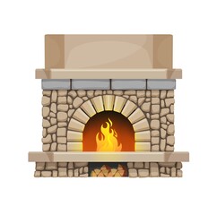 Home stone fireplace with flame and wood chunks. House interior design element, classic open hearth vector fireplace made of stone, bricks and marble or concrete mantel, logs in firewood storage