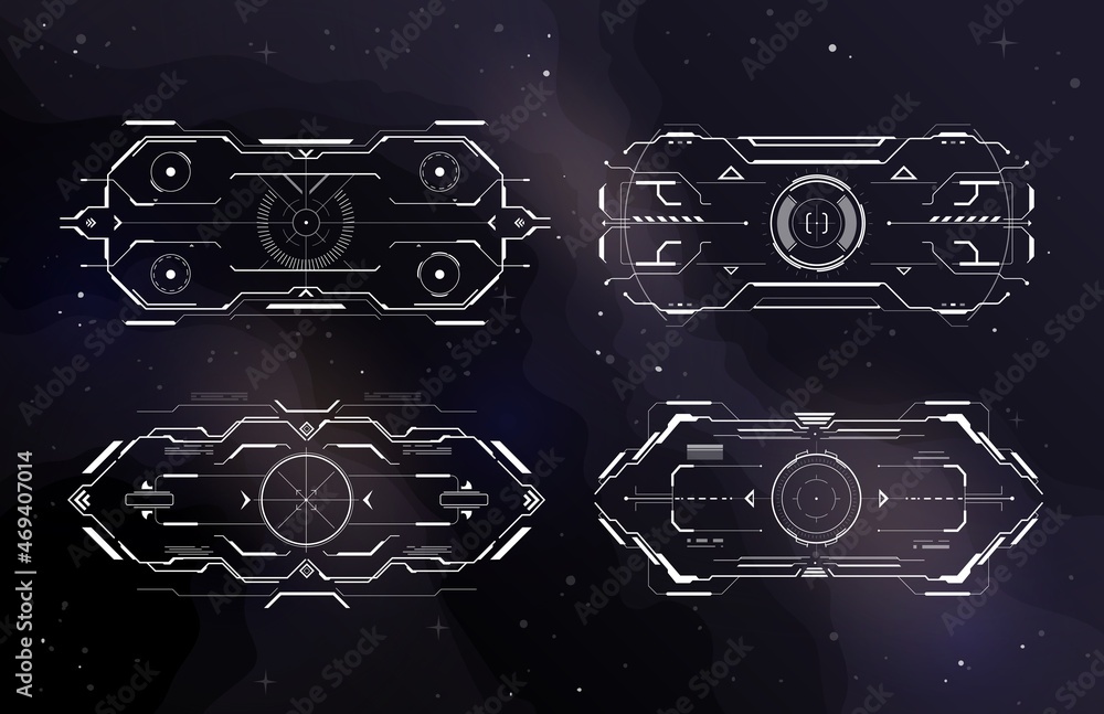Poster HUD aim control frame interface futuristic target screen. Vector ski-fi monitors, digital UI techno elements, military optical spaceship aiming. Collimator radar sight, gun focus range indication set