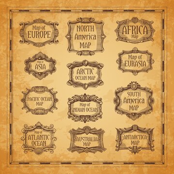 Vintage map frames and borders. Ocean and continents signs. Europe, Africa and Asia, South and North America, Australia, Antarctica engraved vector cartography decorations on parchment background
