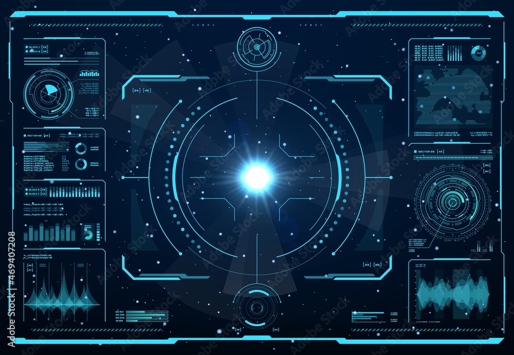 Wall mural hud spaceship or shuttle aircraft digital screen interface, vector ui or gui of sci fi space game. h