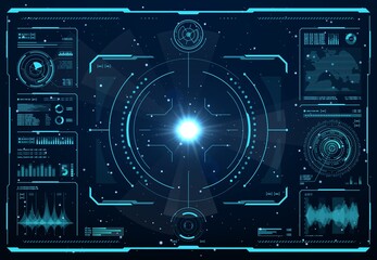 HUD spaceship or shuttle aircraft digital screen interface, vector ui or gui of Sci Fi space game. Hologram screen of head up display with aim control panel frame, menu and info bars, map and graphics