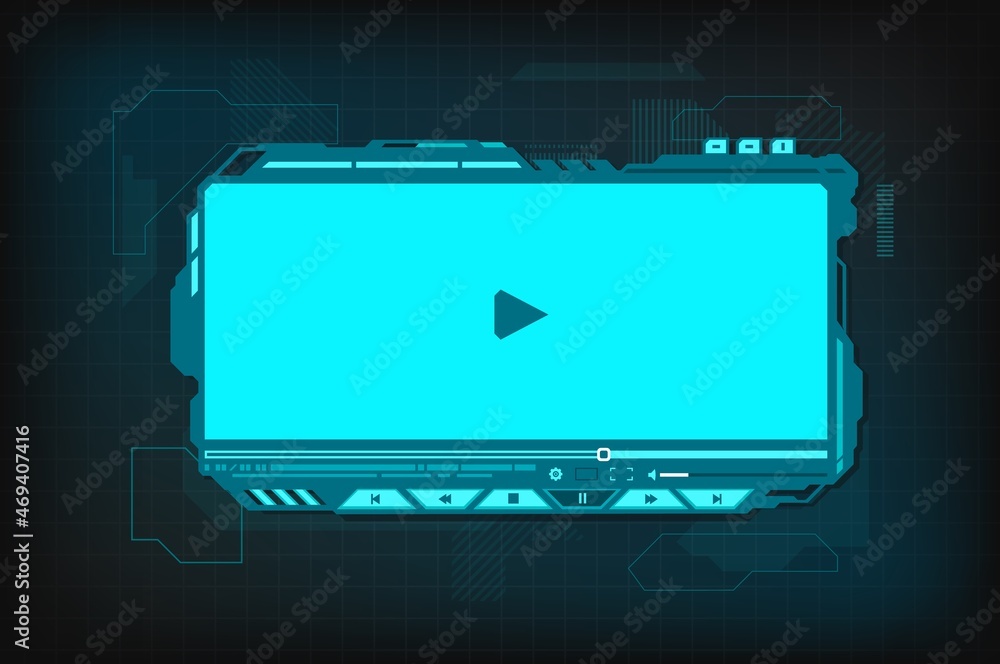 Fototapete HUD video player futuristic interface vector design of hologram movie screen with media control buttons, menu bar and volume slider. Digital player of multimedia app, web and mobile application ui