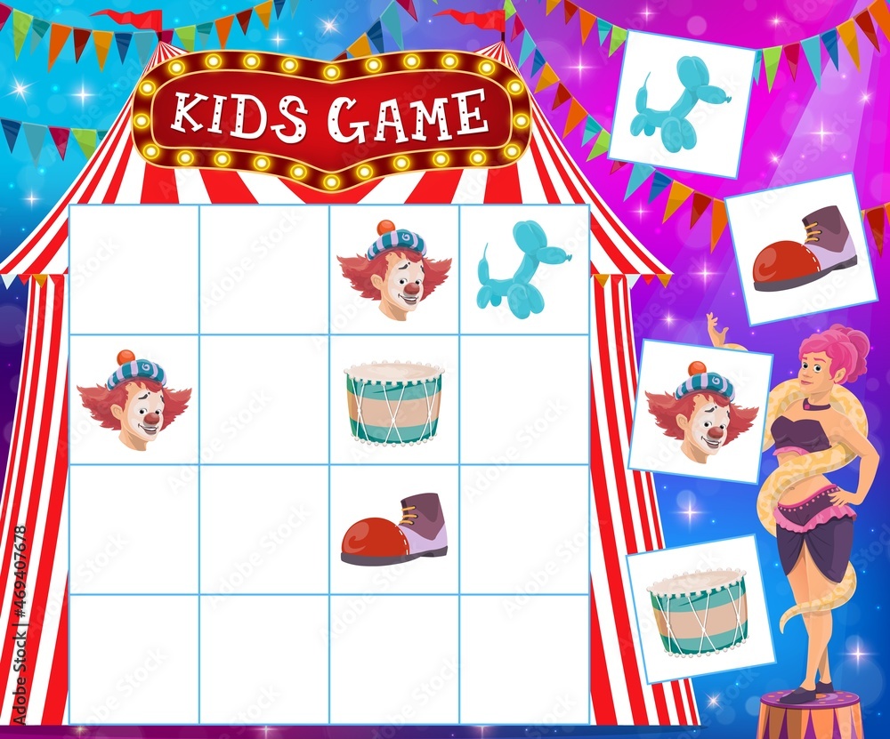 Poster kids sudoku game with circus items education puzzle or maze vector template. sudoku game, logic ridd