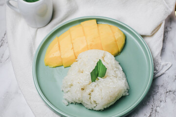 Mango and sticky rice with coconut milk (Khao Niew Ma Muang). Thai dessert for the summer season.