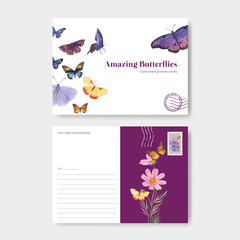 Postcard template with purple and blue butterfly concept,watercolor style