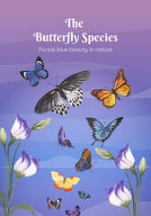 Poster template with purple and blue butterfly concept,watercolor style