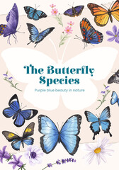 Poster template with purple and blue butterfly concept,watercolor style