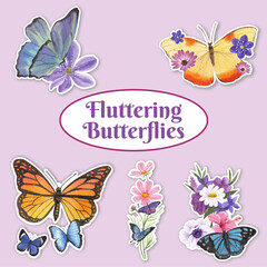 Sticker template with purple and blue butterfly concept,watercolor style