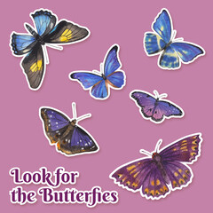 Fototapeta na wymiar Sticker template with purple and blue butterfly concept,watercolor style