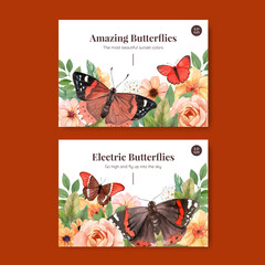 Postcard template with red and orange butterfly concept,watercolor style