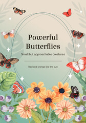 Poster template with red and orange butterfly concept,watercolor style