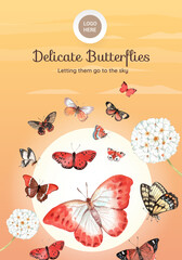 Poster template with red and orange butterfly concept,watercolor style