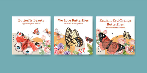 Banner template with red and orange butterfly concept,watercolor style