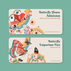 Ticket template with red and orange butterfly concept,watercolor style