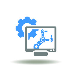 Vector illustration of computer display with robot arm and gear. Symbol of CAE Сomputer-Aided Engineering. Icon of CAD project designing software system.