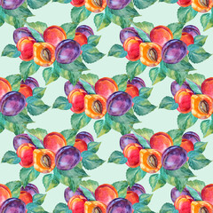Seamless pattern watercolor apricot and plum with green leaves. Red, yellow, orange, purple hand-drawn fruit on blue background. Sweet dessert summer food. Creative art for menu cafe, wrapping
