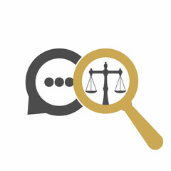 Magnifying Glass and Scale of Justice Logo Template Design. Attorney Balance Combination with Chat Logo. 