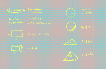 Set of isolated geometric equations. Hand written math formulas on a grid. Graph paper. All elements are isolated so they can be manipulated as needed.