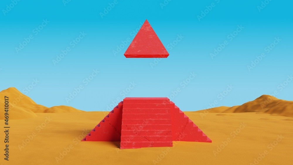 Poster red concrete pyramid with stair on sand dunes.surreal desert landscape minimal abstract background.3