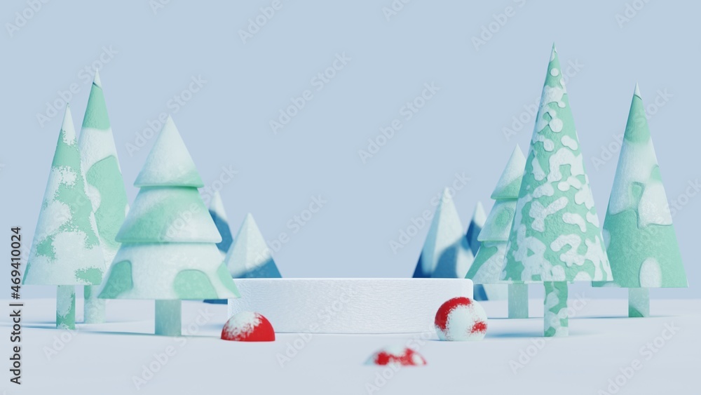 Poster 3d ice podium display and christmas tree.winter landscape background for product presentation.minima