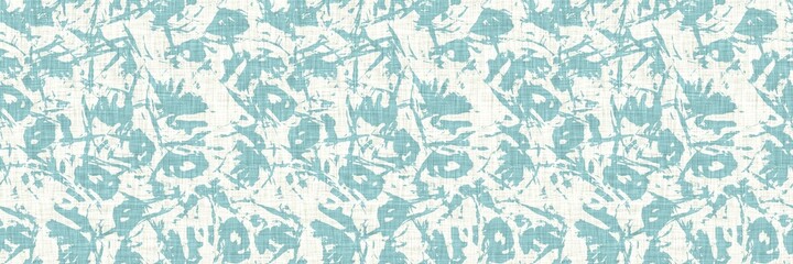 Aegean teal streaked border strip linen texture background. Coastal summer style home decor fabric effect. Sea green wash grunge edge material. Decorative textile mottle seamless pattern banner. 