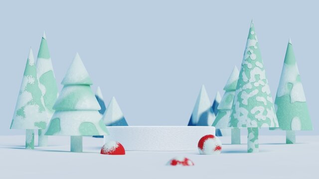 3D Ice Podium Display And Christmas Tree.Winter Landscape Background For Product Presentation.Minimal Pedestal Showcase.3D Rendering Illustration.