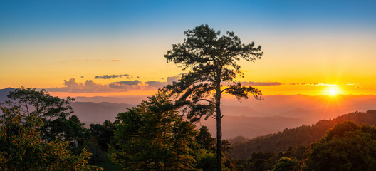 Tropical forest nature landscape view with mountain range sunset at Huai Nam Dang National Park, Chiang Mai Thailand panorama