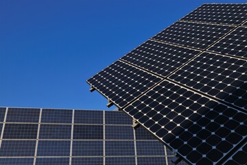 Solar energy.Solar panels close-up on blue sky background. renewable energy.solar power farm....