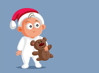 Baby Holding Teddy Bear Celebrating Christmas Vector Cartoon