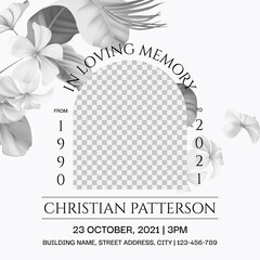 Floral memorial and funeral invitation card template design, bright grey decorated with black and white Plumeria flowers and leaves - 469411687