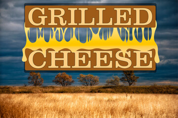 grilled cheese with melted cheese between pieces of bread logo against the background of cereals and a dark sky
