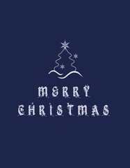 Holiday card with Christmas Tree, birds, Christmas ornament, blue background. Universal modern artistic templates.