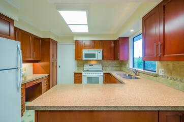Modern, bright, clean, empty kitchen interior in a luxury house