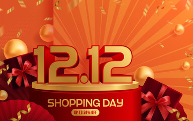 Naklejka premium 12.12 Shopping festival, Speech marketing banner design on background and round podium gift box, red ribbon and gold Floating Ribbon with craft style.