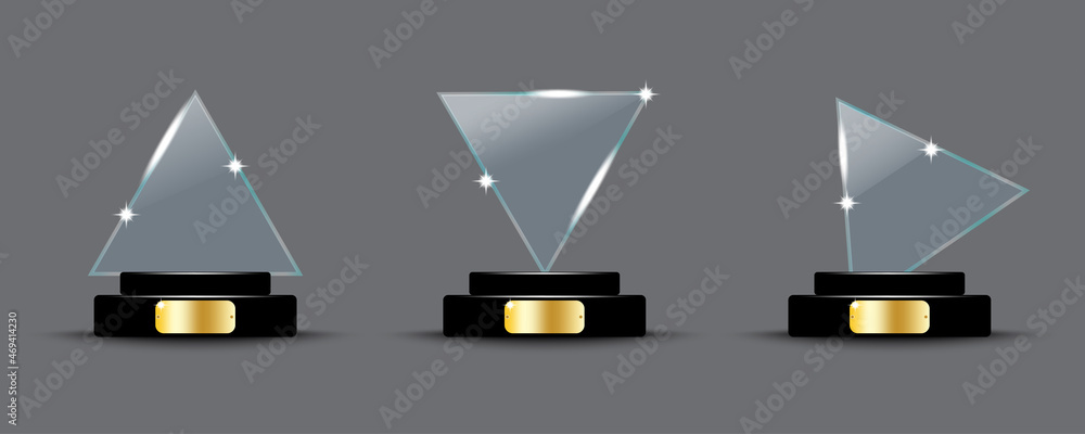 Poster set of glass trophy triangle. winner concept. abstract element. hand art. gray backdrop. vector illu