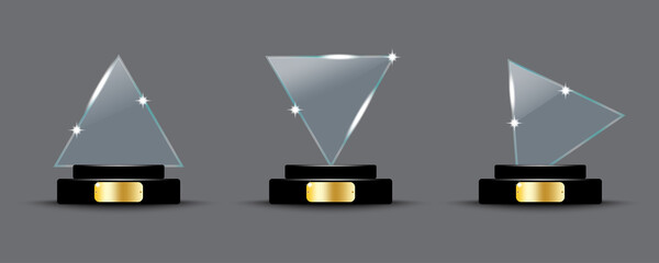 Set of glass trophy triangle. Winner concept. Abstract element. Hand art. Gray backdrop. Vector illustration. Stock image. 