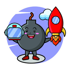 Bomb mascot cartoon character as astronut with rocket, helm, and cloud in cute style for t-shirt, sticker, logo element, poster
