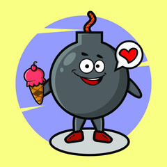 Cartoon bomb mascot holding ice cream cone cute style design for t-shirt, sticker, logo element