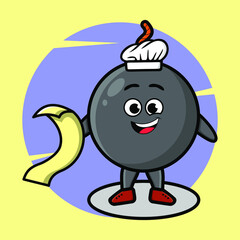 Cartoon bomb chef mascot character with menu in hand cute style design for t-shirt, sticker, logo elements