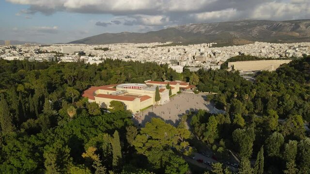 Zappeio Hall Conference Center, Athens, Greece. Drone Aerial View of Building and Green Park on Sunny Day
